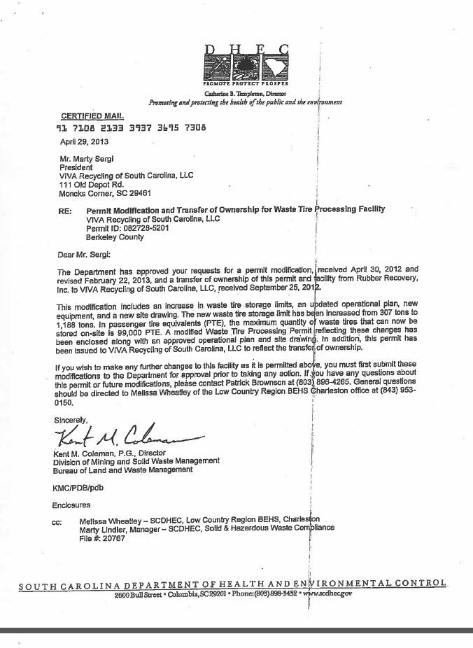 DHEC permits Viva Recycling to store 99,000 tires in Moncks Corner in 2013